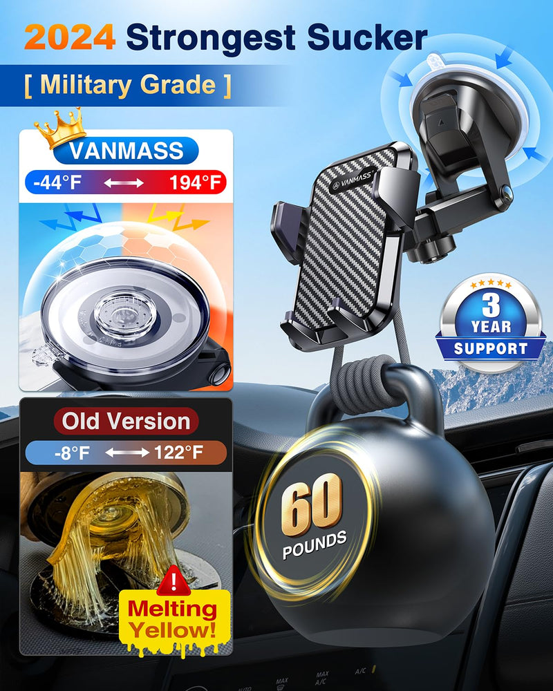VANMASS 【65+LBS Strongest Suction & Military-Grade 2024 Ultimate Car Phone Mount【Patent & Safety Certs】 Cell Phone Holder Truck Stand for Dashboard Windshield Vent for iPhone 15 Pro Max 14 Samsung Black