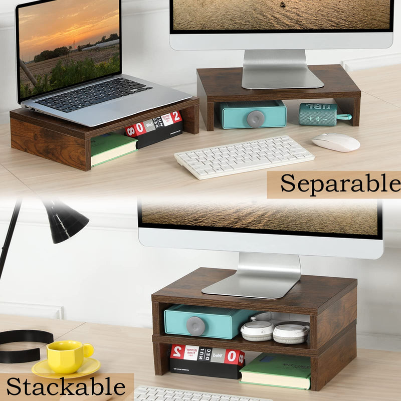 TEAMIX 3 PCS Rustic Brown Monitor Stand Wood