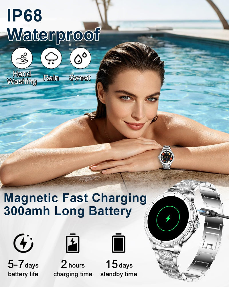Smart Watches for Women(Answer/Make Call) with Diamond, 1.27" HD Bluetooth Smartwatch for Android iOS Phones, IP68 Fitness Tracker with Heart Rate, SpO2, Sleep Monitor, 120+ Sports, Silver