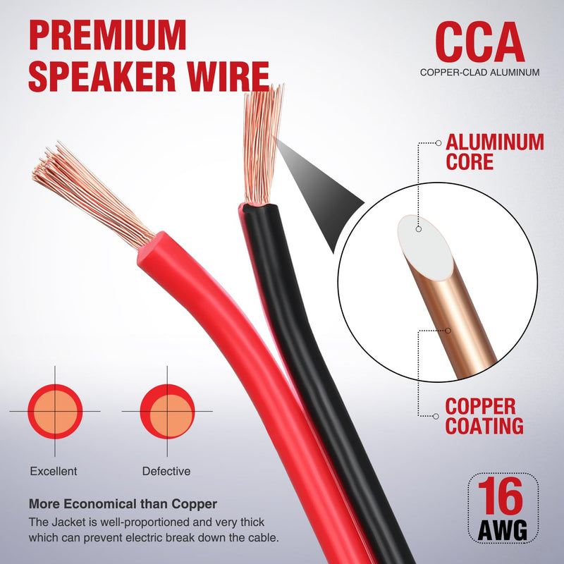 Nilight 50FT 16AWG Copper Clad Aluminum Wire 16/2 Gauge Red Black CCA Electrical Cable 2 Conductor Parallel 12V/24V DC Flexible Extension Cords for Car Audio Radio Speaker Amplifier, 2 Years Warranty 16AWG-50FT