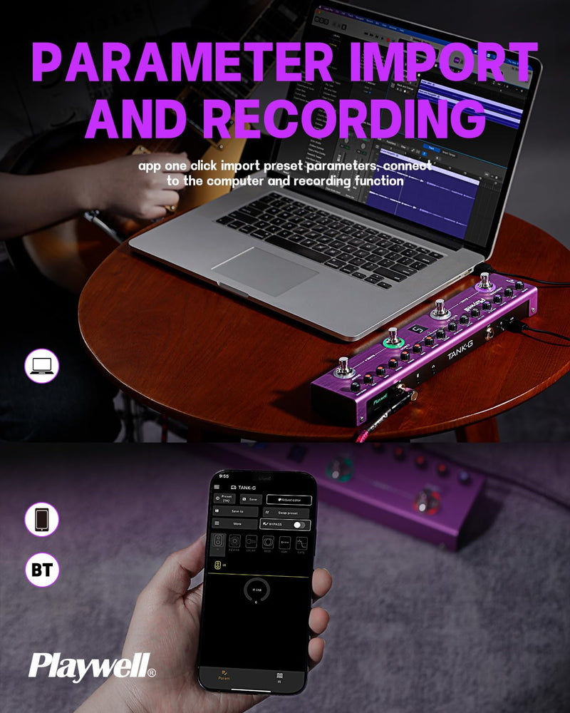 Playwell Multi Effects Guitar Pedal TANK-G,Digital Electric Guitar Effector with 36 Editable Presets,Chorus,Delay,Reverb,MOD,IR Loading,Recording,Tuner,Built-in battery,BT connection