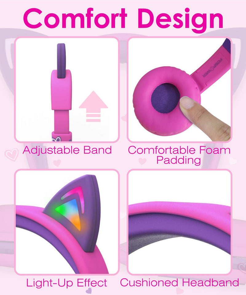 [AUSTRALIA] - FosPower Kids Headphones with LED Cat Ears (Safe Volume Limit 85 dB), 3.5mm On-Ear Wired Headphones with Laced Tangle-Free Cables for Boys/Girls/School/Travel - Hot Pink/Purple Hot Pink / Purple 
