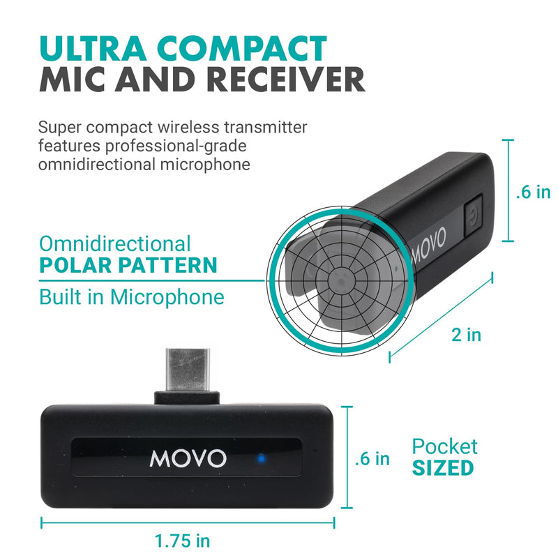 Movo Wireless Mini USB-C Wireless Microphone for iPhone 15/16/17 - Microphone Compatible with Pro Max - 10HR Battery Life, 164ft Range 1 Transmitter