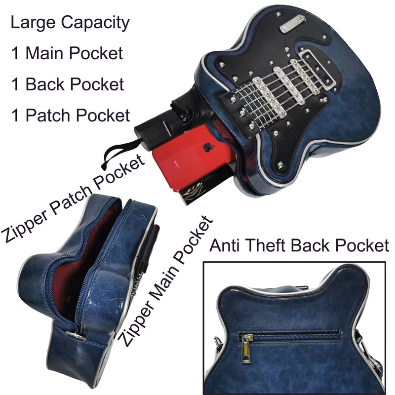 Men and Women Music Violin Guitar Shaped Crossbody Shoulder Bag Backpack Handbag PU Leather Unique Novelty Guitar Purse Blue