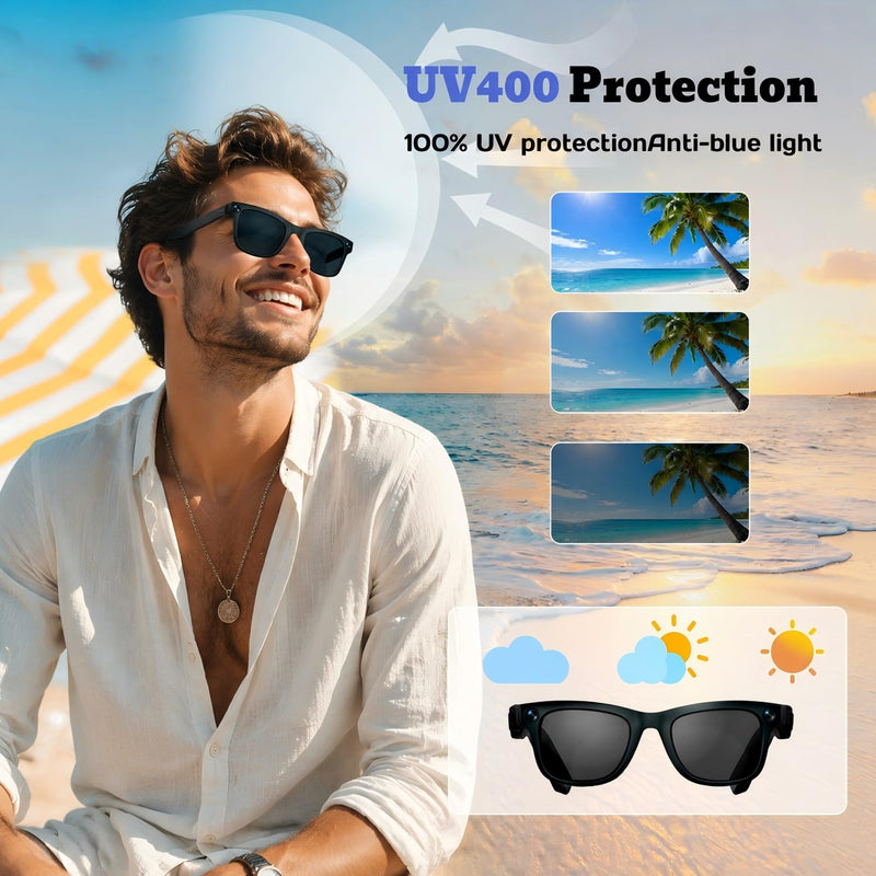 AI Smart Glasses with Camera, 8MP HD Video & Photo Capture for Travel | Video Recording Sunglasses, Open-Ear Audio, RealTime Translation, Interchangeable Blue Light & UV Protection Lenses