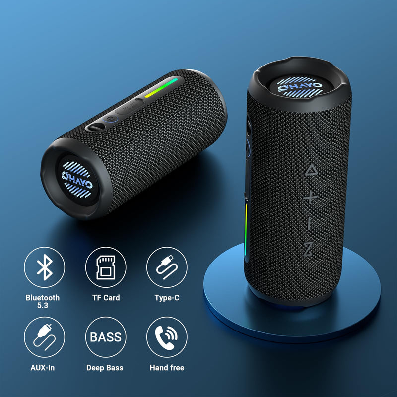 [AUSTRALIA] - OHAYO Portable Bluetooth Speaker, IPX7 Waterproof Wireless Speaker with 24W Loud Stereo Sound, Active Extra Bass, Bluetooth 5.3, RGB Lights, Dual Pairing, Up to 30H Playtime for Home, Outdoor, Party Black 