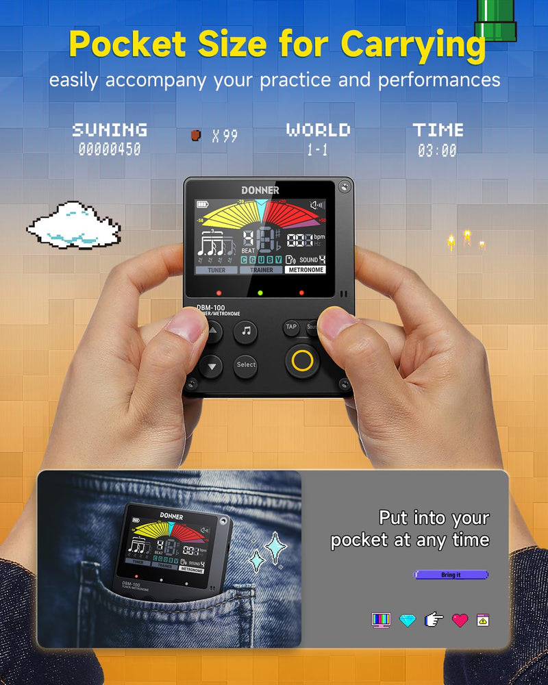 Donner Metronome Tuner, Rechargeable 3 In 1 Digital Metronome with Trainer Rhythm Mode, Tone Generator Tuners for Guitar, Bass, Violin, Ukulele, Chromatic, Piano, Flute, All Instruments, Black
