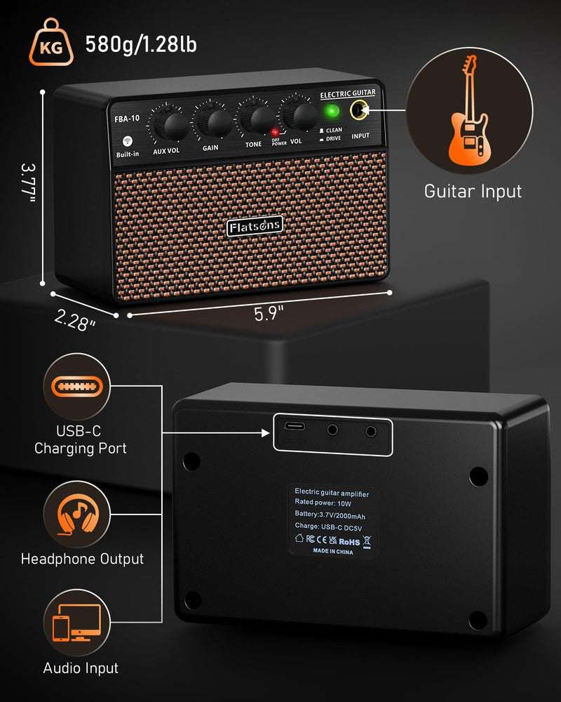 [AUSTRALIA] - FBA-10 Guitar Amp, 10W Mini Electric Guitar Amplifier with Clean/Drive Channel, 6H Working, USB-C Rechargeable, 3.5mm Headphone/AUX Jack, Wireless Portable Amp for Indoor Practice, Traveling Black 