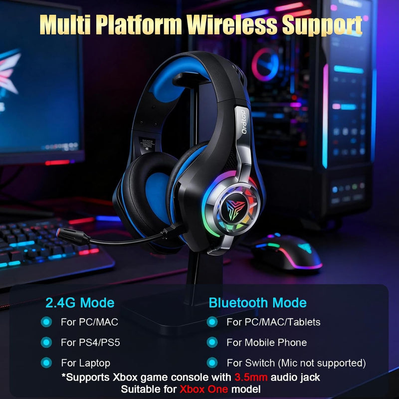 2.4GHz Wireless Gaming Headsets for PS5/PS4/Switch, 2026 RGB Noise Cancelling Headphones with Mics, 4-in-1 Connection, 7.1 Surround Sound, 40mm Drivers, Memory Foam, 45H Wireless Gaming Headphones