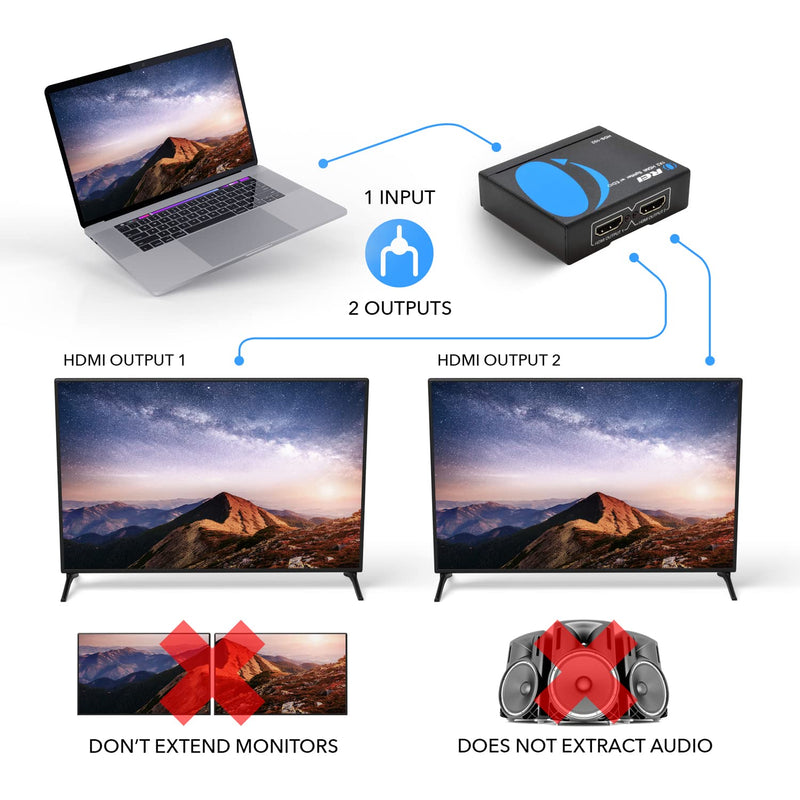 OREI 4K 1 in 2 Out HDMI Splitter Duplicate/Mirror Only UltraHD 4K @ 30 Hz 1x2 WILL NOT BYPASS HDCP HDMI Supports 3D Full HD 1080P for Xbox, PS4 PS3 Fire Stick Blu Ray Apple TV HDTV - Adapter Included 1x2 HDMI Splitter