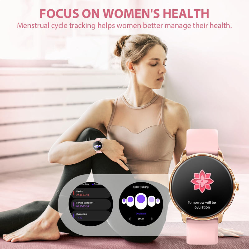 Smart Watch for Women Round Android iphone compatible IP68 Waterproof | Zolovip Womens Fitness Watch Answer/Make Call, Ultra thin 1.32" AMOLED, 100+ Sport Modes, Health/HR/Sleep, 2 Straps