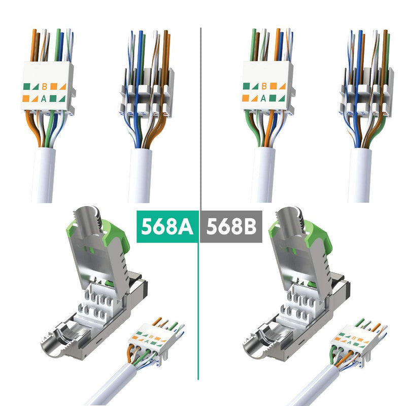 LINKUP Cat6A RJ45 Connectors | 6-Pack, White | shielded modular termination, tool-free, gold-plated, for solid and stranded Ethernet cable FTP Plug - White