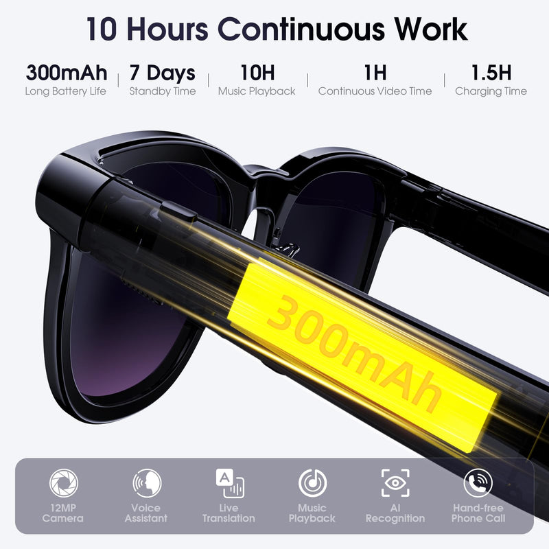 AI Smart Glasses with Camera, 4K Video Recording Camera Glasses for Travel | AI Sunglasses for Women Men, Life Vlog Work, Real-Time Translation, Voice Assistant, Hands-Free Calls, Open-Ear Audio, 3 Lens Lacquer Black
