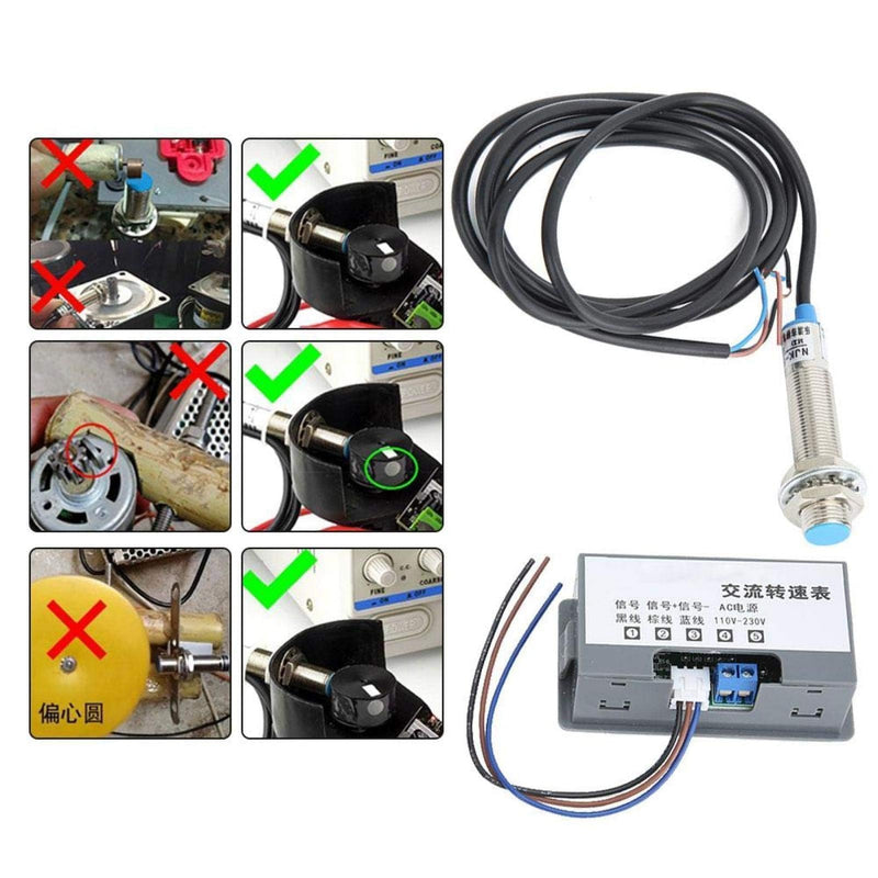 Agatige 220V AC Tachometer, 10-9999 Digital Speed Meter LED Display Panel Inductive Hall Effect Sensor
