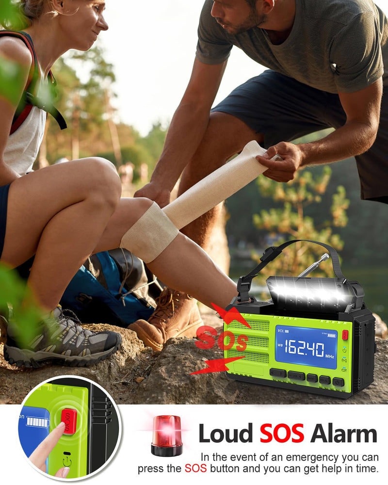 37000mWh Hand Crank Emergency Radio, AM FM NOAA Weather Alert Radio, Portable Solar Radio, 4 Charging Methods, 3-Mode Flashlight, Reading Lamp, SOS Alarm, Phone Charger for Winter Storm Emergency Green