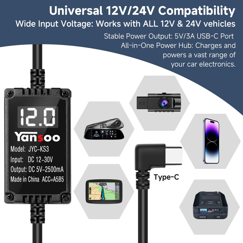 [AUSTRALIA] - Dash Cam Hardwire Kit with Digital Voltage Display & Adjustable Protection, 12V-24V to 5V/3A, 3-Lead USB-C Hardwire Kit w/Low Voltage Cutoff & 24H Parking Mode, Car Truck SUV KS3 