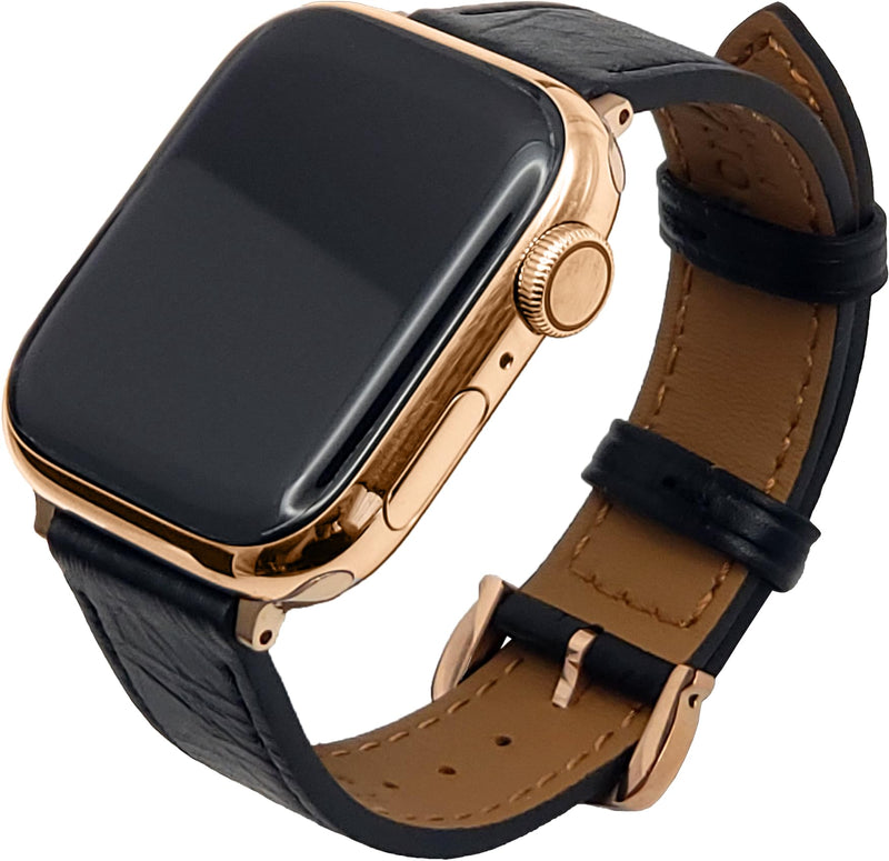 Premium Calfskin Leather Band Replacement Watch Strap with Crown Rose Gold Buckle Compatible with Watch Series 7 6 5 4 3 2 1 38mm to 45mm (Black, 49mm/45mm/44mm/42mm)