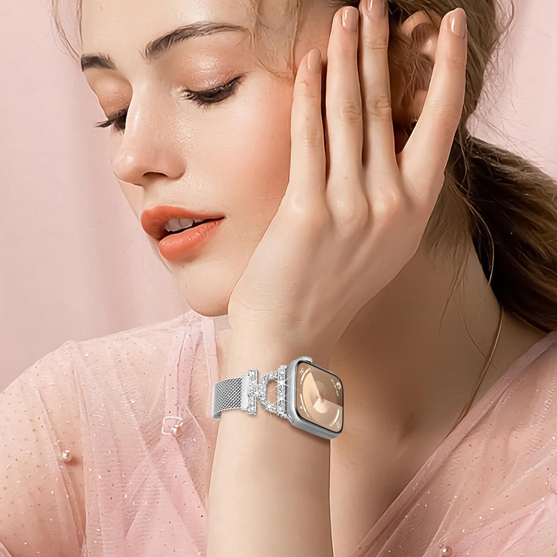 Magnetic Band Compatible with Apple Watch Bands for Women 42mm 44mm 45mm 49mm, Diamond Milanese Stainless Steel D-shaped Apple Watch Band for iWatch Bands Series 9/8/7/6/5/4/SE Ultra/Ultra 2
