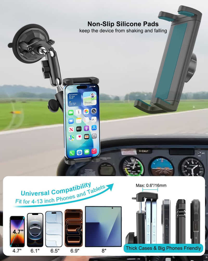 Pilot Phone Holder, Aviation Window Phone Mount, Ultra Suction Cup | 360° Metal Arm Airplane Windshield Cellphone Mount, Aircraft Cockpit Stand for iPhone 17 16 15 Pro Max, iPad, 4-13" Device