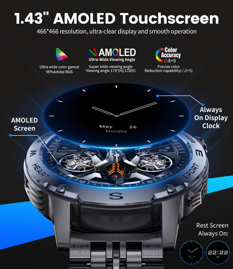 Military Smart Watch for Men, 1.43'' AMOLED Rugged Smart Watch with 600mAh Battery/Heart Rate/Blood Pressure/Sleep Monitor,IP68 Waterproof Fitness Tracker Watch for Android iPhone Black