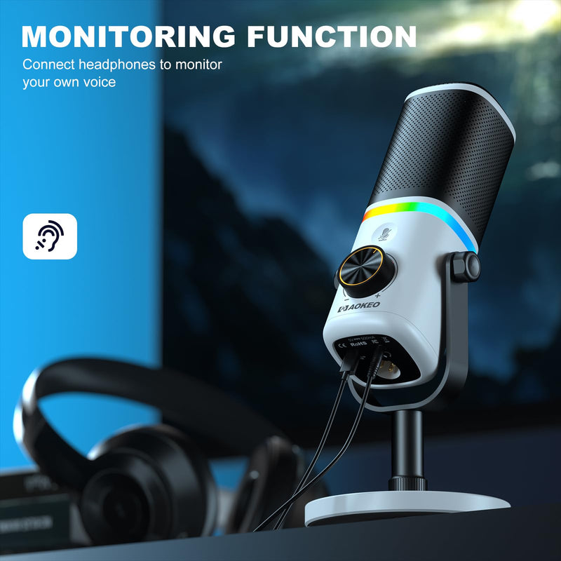 Aokeo Microphone for PC, AK-10 USB/XLR Dynamic Desktop Microphone for Gaming,Podcast,Streaming with RGB Light,Volume Control,Mute Button,Noise Reduction(White) AK-10white