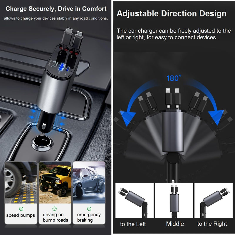 Retractable Car Charger - 4-in-1 Fast Car Phone Charger USB C and Lightning Cords 66W Cigarette Lighter Chargers Adapter for iPhone 15 14 13 12 Pro Max iPad Android Galaxy S24 S23 Pixel Tablet PT-16