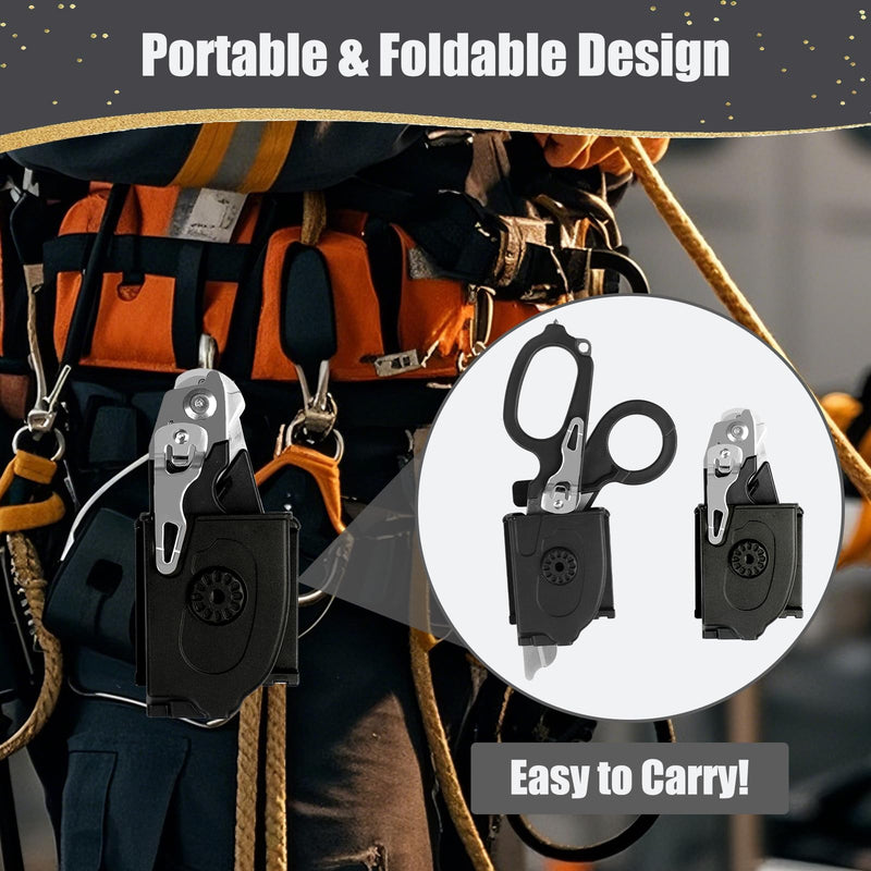 6 in 1 Multifunctional Foldable Trauma Scissors with Compatible Holster Emergency Response Scissors Camping Rescue Tools Outdoor with Tape Cutter and Glass Breaker Black