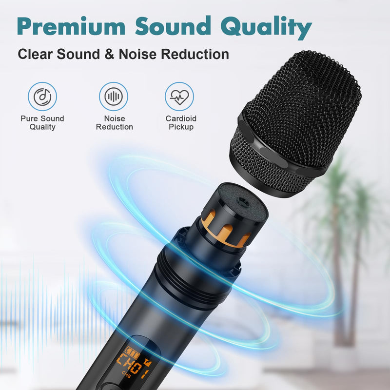 Wireless Two Microphone System with Dual-Channel Receiver, Professional UHF Metal Dual Handheld Cordless Dynamic Mic, 160 ft Range, Microphone for Karaoke, Party Singing, Lecture, DJ, Wedding