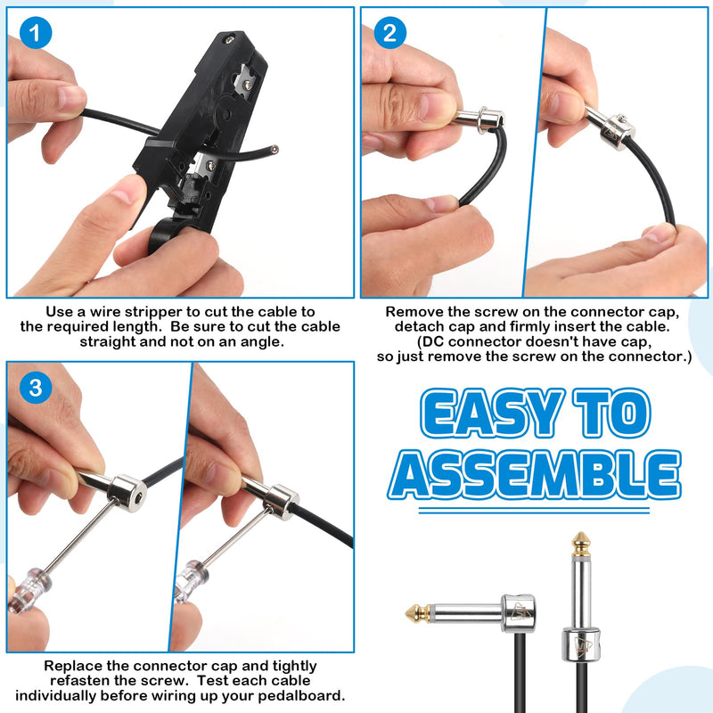 [AUSTRALIA] - Solderless Pedalboard Cable Kit, 10 Feet Cable & 10 Gold Tip Connectors for Guitar Effects & Pedal Board, DIY Patch Cables with Cutter, Bolt Driver 