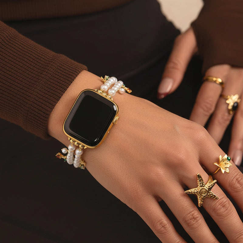 Pearl Beaded Watch Band for Women Compatible with Apple Watch 38/40/41/42/44/45/46/49mm, for iWatch 11/10/9/8/7/6/5/4/3/2/1 Ultra SE, Pendant Double-Strand Bracelet 42(Series 3 2 1)/44/45/46/49mm
