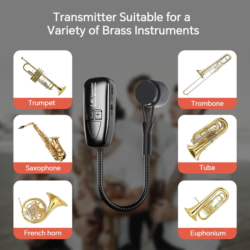Wireless Saxophone Microphone, 2.4G Clip Instruments Mic, Rechargeable Transmitter and Receiver, 100ft Range, Great for Sax, Trumpet, Tuba, Trombone, Cornet, FrenchHorn