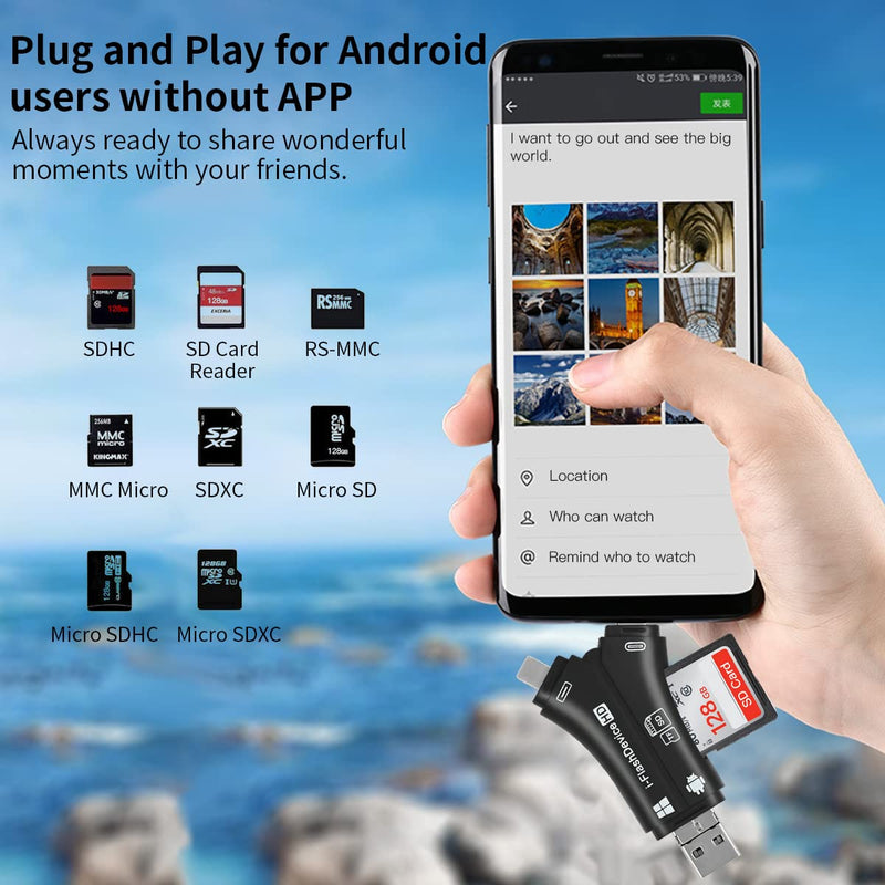ZOIOT SD Card Reader for iPhone / iPad / MacBook / Android / Camera / Computer 4 in 1 Micro SD Card Reader USB C Memory Card Reader Portable Trail Camera Viewer Compatible with SD TF (Black)