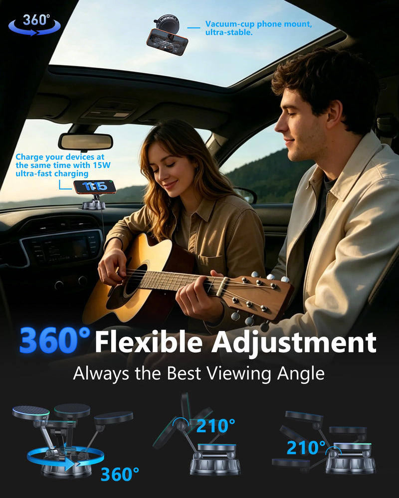 15W MagSafe Car Charger Mount, Magnetic Wireless Car Phone Holder with Dual Input Port, Vacuum Suction & Nano Adhesive Base, 360° Rotation Stable Car Charging Stand for iPhone 12-17, Samsung S26