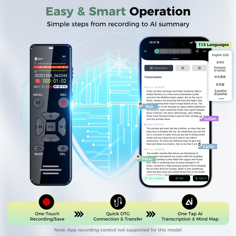 [AUSTRALIA] - AI Digital Voice Recorder with Playback: AI Transcribe & Summarize Voice Activated Recorder with OTG - Portable Tape Recorder for Meeting & Lectures 64GB 