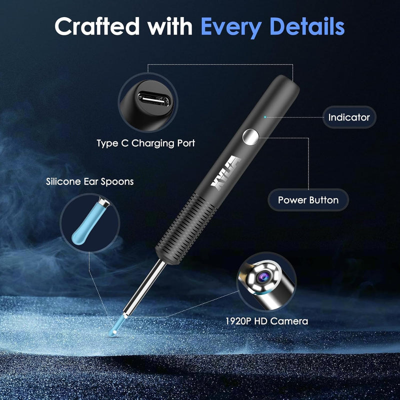 Xylla Ear Wax Remover Otoscope 1920P HD Ear Wax Removal IP67 Waterproof WiFi Otoscope 360° Wide Angle Ear Cleaner with 6 LEDs Portable Pleasure of Ear Cleaning (Black) Black