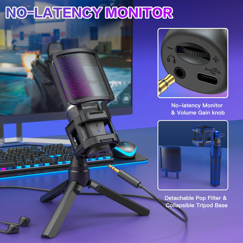 ZealSound Gaming USB Microphone for PC,RGB Condenser Computer Mic with Tripod Stand,Quick Mute,Gain Control for Gaming,Streaming,Podcasting,Recording,ASMR,Cardioid Mic Kit for Laptop/PS4/PS5/Phone RGB