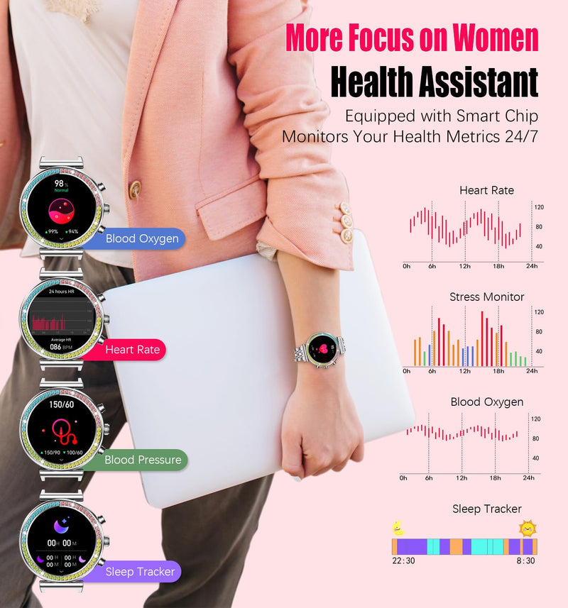 Fitness Smart Watch for Women, 1.27" HD Display, Bluetooth Calls, Waterproof Sports Women's Smartwatch, Heart Rate Monitor, Pedometer – Compatible with Android & iOS (Full Silver) Full Silver