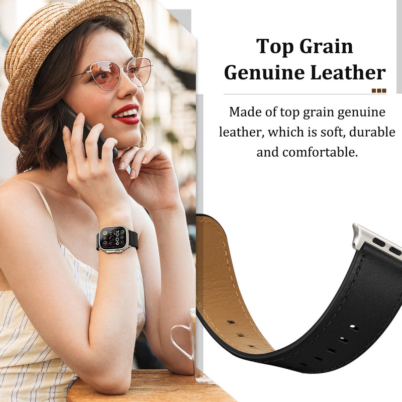 Compatible with Apple Watch Bands 42mm (Series 10) 41mm 40mm 38mm for Men Women, Top Grain Genuine Leather Band Strap Wristband for iWatch, Black/Black+Black/Titanium