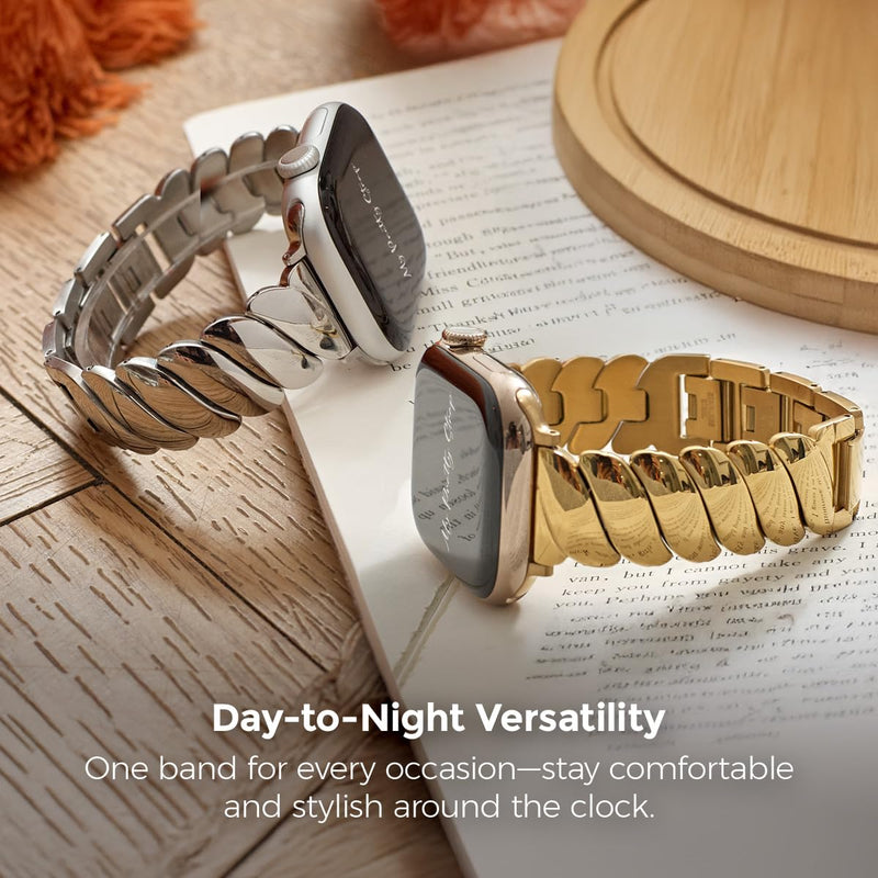 Compatible Apple Watch Band for Women, Stainless Steel- Fits Most Wrists | Series 1-11, SE and Ultra- iWatch Replacement Strap, Easy Resizing- No Tool Needed- Metal Fashion Watch Band Ripple Gold 38MM / 40MM/ 41MM / (Series 10& 11 - 42 MM)