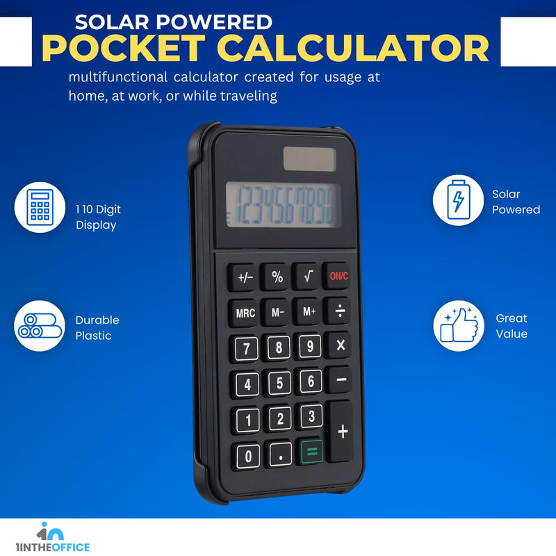 1InTheOffice 10 Digit Pocket Calculator, Dual Powered Handheld (Solar and Battery), Black, 2 Pack Small (Pack of 2)