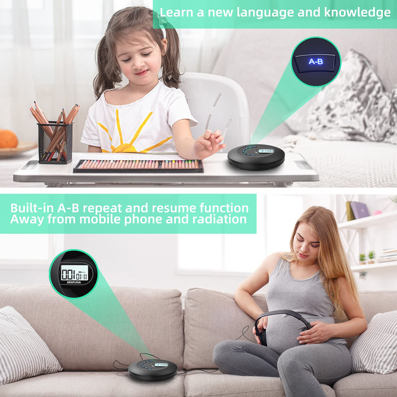 CD Player Portable, Rechargeable Portable CD Player for Car and Travel, Walkman CD Player with Headphone and Anti-Skip/Shockproof, Personal CD Player with LCD Display, AUX Cable, Backlight Black