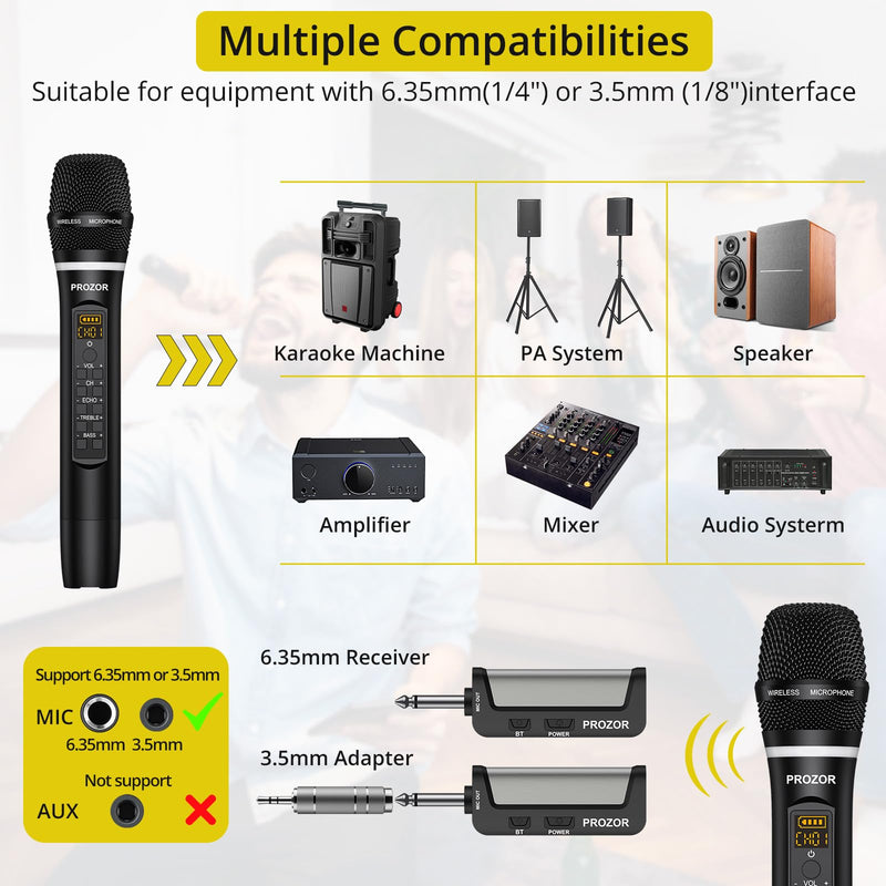 PROZOR UHF Wireless Microphone with Volume Treble Bass Echo Control, Wireless Rechargeable Mic Dual Handheld Dynamic Mic System with Rechargeable Receiver, for Karaoke Machines, DJ, Church, Weddings Rechargeable Portable Bluetooth UHF Mic – Echo Control