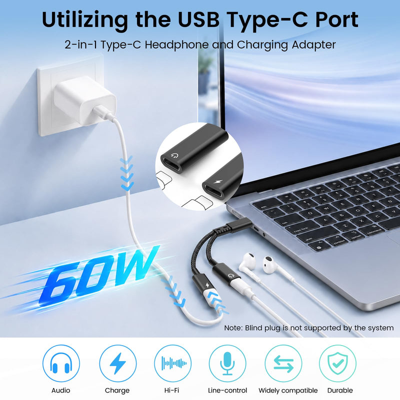 USB C Splitter 1 in 2 Out, Dual USB C Headphone and Charger Adapter, Type C Audio Jack Dongle with PD 60W Fast Charging Cable for iPhone 17 16 15 Pro Max, iPad, Samsung Galaxy S25 S24 Ultra More USBC