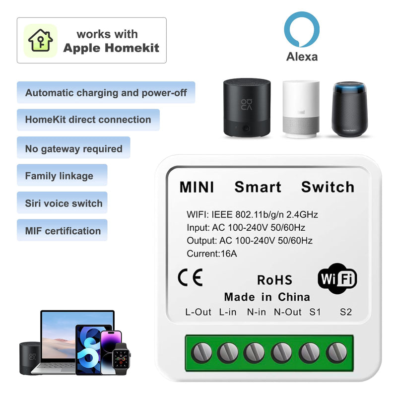 1 x Mini Smart Light Switch, Wireless Remote Control Switch for Home Automation, RF Remote Controlled Light Switch with Timer and Motion Sensor with Alexa Echo, Google Home