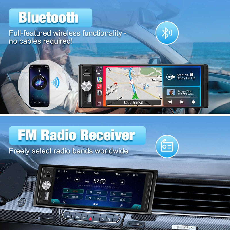 Single Din Radio Car Stereo with CarPlay & Android Auto, 6.28 Inch HD Touch CarPlay Screen, Backup Cam,Bluetooth, MP5,USB Type-C, SWC, EQ, FM Radio with External Mic black