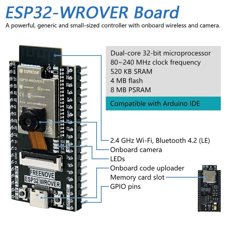 Freenove Ultimate Starter Kit for ESP32 CAM (Included), Dual-core 32-bit 240 MHz Microcontroller, Onboard Camera Wireless, Python C Java, 795-Page Detailed Tutorial, 240 Items, 122 Projects with Memory Card Slot and Card