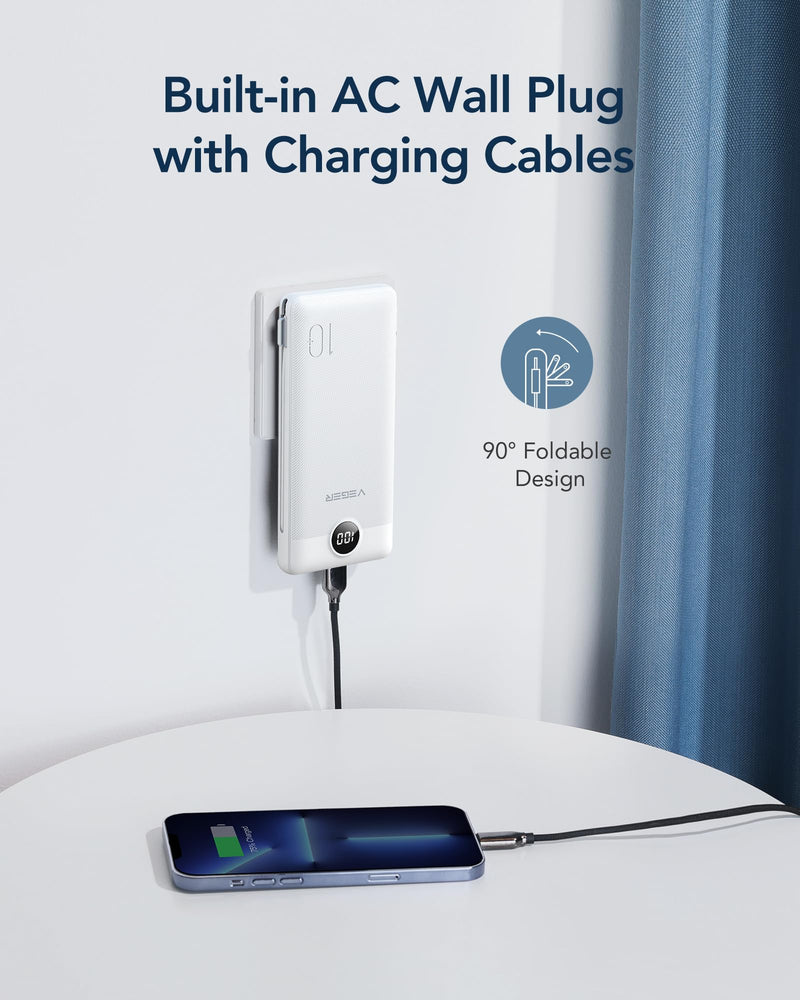 VEGER Portable Charger for iPhone Built in Cables and Wall Plug, 10000mah Slim Fast Charging USB C Power Bank, Travel Essential Battery Pack Compatible with iPhones, iPad, Samsung, and More(White) B White
