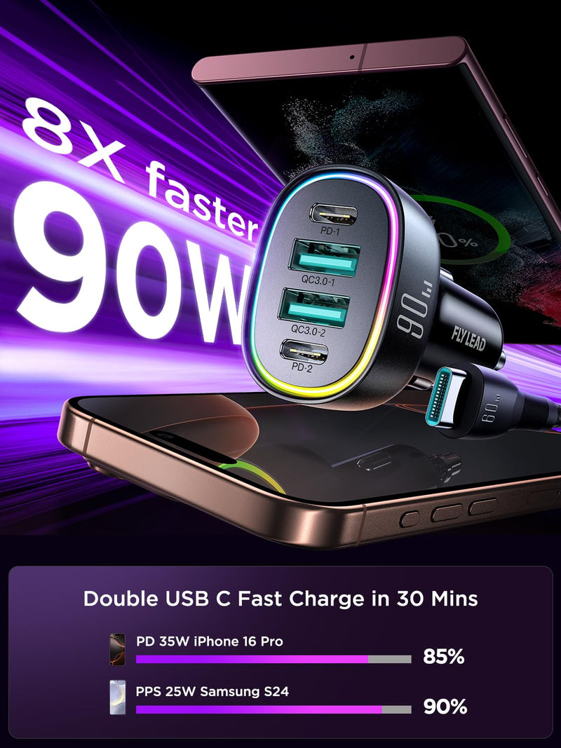 Fast Car Charger FLYLEAD 90W 4 Ports Car Charger [A Must for Family Travel] Super Fast USB C Charge Adapter for iPhone 17/16/15 Pro Max Plus With Cable