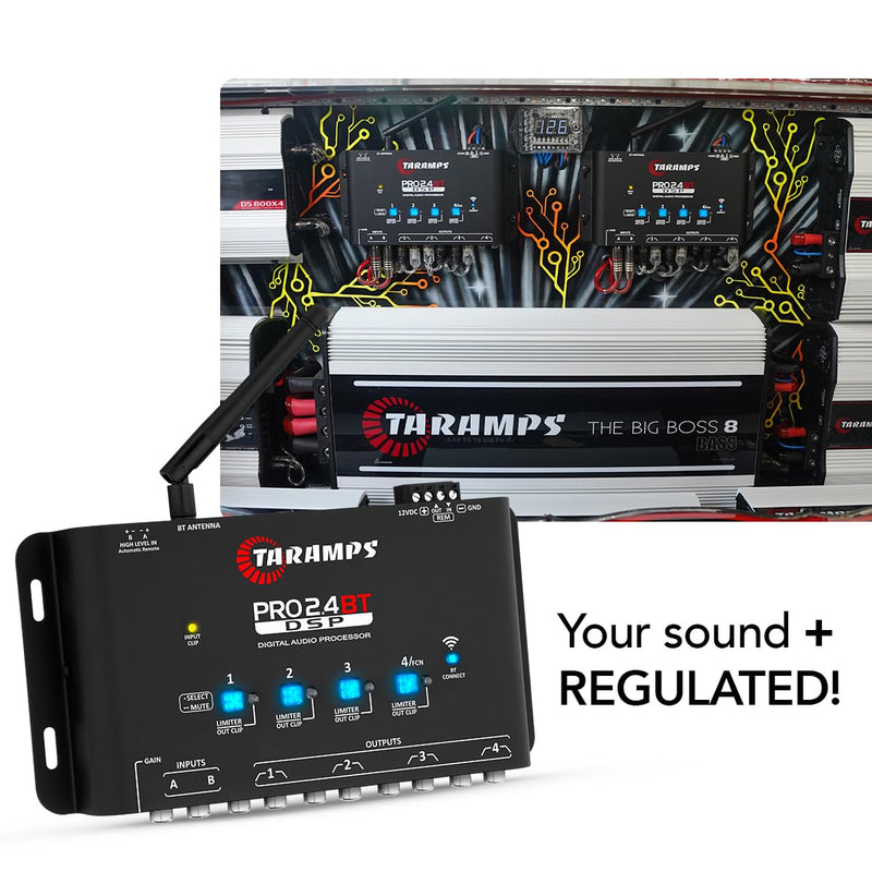 Taramps Pro 2.4 BT Bluetooth DSP Crossover Full, Digital Signal Processor, Car Audio Equalizer with App, Gain up to 9V, 15 Band Graphic Equalization, 12 preset EQ, 2 in and 4 Out, High Level Input