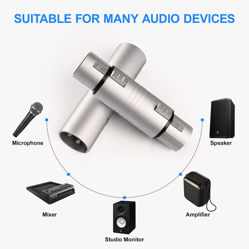 4 Pack (2 Pair) Professional XLR Adapter, XLR Male to Male & XLR Female to Female 3 Pin Connector for Microphone, Mixer, Silver Male to Male & Female to Female 2 Pair
